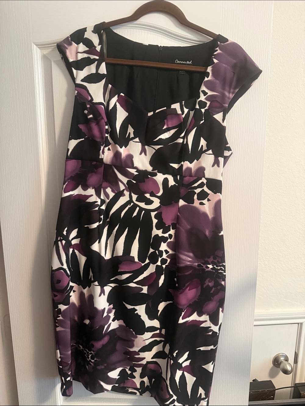 connected apparel black, white and purple floral midi dress